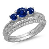 1.05 Carat (ctw) 10K White Gold Round Cut Blue Sapphire & White Diamond Ladies 3 Stone Bridal Engagement Ring With Matching Band Set 1 CT