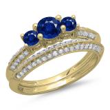 1.05 Carat (ctw) 18K Yellow Gold Round Cut Blue Sapphire & White Diamond Ladies 3 Stone Bridal Engagement Ring With Matching Band Set 1 CT