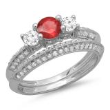 1.05 Carat (ctw) 14K White Gold Round Cut Red Ruby & White Diamond Ladies 3 Stone Bridal Engagement Ring With Matching Band Set 1 CT