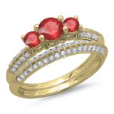 1.05 Carat (ctw) 18K Yellow Gold Round Cut Red Ruby & White Diamond Ladies 3 Stone Bridal Engagement Ring With Matching Band Set 1 CT