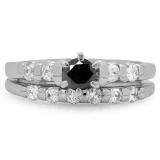 1.00 Carat (ctw) 10K White Gold Round Cut Black & White Diamond Ladies Bridal Solitaire With Accents Engagement Ring Matching Band Set 1 CT