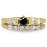 1.00 Carat (ctw) 10K Yellow Gold Round Cut Black & White Diamond Ladies Bridal Solitaire With Accents Engagement Ring Matching Band Set 1 CT