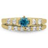 1.00 Carat (ctw) 10K Yellow Gold Round Cut Blue & White Diamond Ladies Bridal Solitaire With Accents Engagement Ring Matching Band Set 1 CT