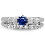 1.00 Carat (ctw) 10K White Gold Round Cut Blue Sapphire & White Diamond Ladies Bridal Solitaire With Accents Engagement Ring Matching Band Set 1 CT