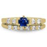 1.00 Carat (ctw) 14K Yellow Gold Round Cut Blue Sapphire & White Diamond Ladies Bridal Solitaire With Accents Engagement Ring Matching Band Set 1 CT