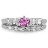 1.00 Carat (ctw) 10K White Gold Round Cut Pink Sapphire & White Diamond Ladies Bridal Solitaire With Accents Engagement Ring Matching Band Set 1 CT
