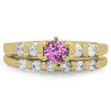 1.00 Carat (ctw) 10K Yellow Gold Round Cut Pink Sapphire & White Diamond Ladies Bridal Solitaire With Accents Engagement Ring Matching Band Set 1 CT