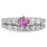 1.00 Carat (ctw) 18K White Gold Round Cut Pink Sapphire & White Diamond Ladies Bridal Solitaire With Accents Engagement Ring Matching Band Set 1 CT