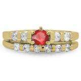 1.00 Carat (ctw) 18K Yellow Gold Round Cut Red Ruby & White Diamond Ladies Bridal Solitaire With Accents Engagement Ring Matching Band Set 1 CT