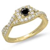 0.75 Carat (ctw) 10K Yellow Gold Round Cut Black & White Diamond Ladies Bridal Swirl Split Shank Halo Engagement Ring 3/4 CT