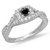 0.75 Carat (ctw) 18K White Gold Round Cut Black & White Diamond Ladies Bridal Swirl Split Shank Halo Engagement Ring 3/4 CT
