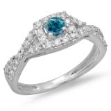 0.75 Carat (ctw) 10K White Gold Round Cut Blue & White Diamond Ladies Bridal Swirl Split Shank Halo Engagement Ring 3/4 CT