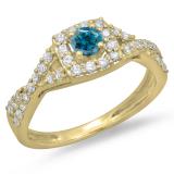 0.75 Carat (ctw) 14K Yellow Gold Round Cut Blue & White Diamond Ladies Bridal Swirl Split Shank Halo Engagement Ring 3/4 CT
