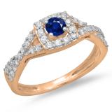 0.75 Carat (ctw) 10K Rose Gold Round Cut Blue Sapphire & White Diamond Ladies Bridal Swirl Split Shank Halo Engagement Ring 3/4 CT