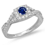 0.75 Carat (ctw) 10K White Gold Round Cut Blue Sapphire & White Diamond Ladies Bridal Swirl Split Shank Halo Engagement Ring 3/4 CT