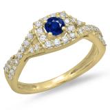 0.75 Carat (ctw) 14K Yellow Gold Round Cut Blue Sapphire & White Diamond Ladies Bridal Swirl Split Shank Halo Engagement Ring 3/4 CT