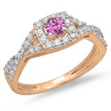 0.75 Carat (ctw) 14K Rose Gold Round Cut Pink Sapphire & White Diamond Ladies Bridal Swirl Split Shank Halo Engagement Ring 3/4 CT