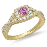 0.75 Carat (ctw) 14K Yellow Gold Round Cut Pink Sapphire & White Diamond Ladies Bridal Swirl Split Shank Halo Engagement Ring 3/4 CT
