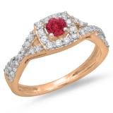 0.75 Carat (ctw) 14K Rose Gold Round Cut Red Ruby & White Diamond Ladies Bridal Swirl Split Shank Halo Engagement Ring 3/4 CT