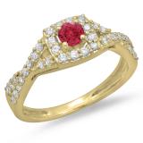 0.75 Carat (ctw) 14K Yellow Gold Round Cut Red Ruby & White Diamond Ladies Bridal Swirl Split Shank Halo Engagement Ring 3/4 CT