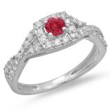 0.75 Carat (ctw) 18K White Gold Round Cut Red Ruby & White Diamond Ladies Bridal Swirl Split Shank Halo Engagement Ring 3/4 CT