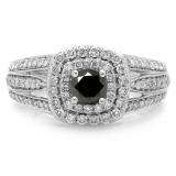 1.10 Carat (ctw) 10K White Gold Round Cut Black & White Diamond Ladies Split Shank Vintage Style Bridal Halo Engagement Ring 1 CT