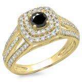 1.10 Carat (ctw) 10K Yellow Gold Round Cut Black & White Diamond Ladies Split Shank Vintage Style Bridal Halo Engagement Ring 1 CT