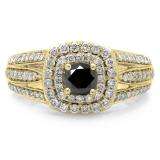 1.10 Carat (ctw) 10K Yellow Gold Round Cut Black & White Diamond Ladies Split Shank Vintage Style Bridal Halo Engagement Ring 1 CT