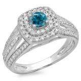 1.10 Carat (ctw) 10K White Gold Round Cut Blue & White Diamond Ladies Split Shank Vintage Style Bridal Halo Engagement Ring 1 CT