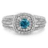 1.10 Carat (ctw) 10K White Gold Round Cut Blue & White Diamond Ladies Split Shank Vintage Style Bridal Halo Engagement Ring 1 CT
