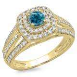 1.10 Carat (ctw) 10K Yellow Gold Round Cut Blue & White Diamond Ladies Split Shank Vintage Style Bridal Halo Engagement Ring 1 CT