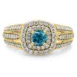 1.10 Carat (ctw) 10K Yellow Gold Round Cut Blue & White Diamond Ladies Split Shank Vintage Style Bridal Halo Engagement Ring 1 CT