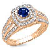 1.10 Carat (ctw) 10K Rose Gold Round Cut Blue Sapphire & White Diamond Ladies Split Shank Vintage Style Bridal Halo Engagement Ring 1 CT