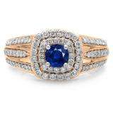 1.10 Carat (ctw) 10K Rose Gold Round Cut Blue Sapphire & White Diamond Ladies Split Shank Vintage Style Bridal Halo Engagement Ring 1 CT