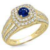 1.10 Carat (ctw) 10K Yellow Gold Round Cut Blue Sapphire & White Diamond Ladies Split Shank Vintage Style Bridal Halo Engagement Ring 1 CT