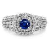 1.10 Carat (ctw) 14K White Gold Round Cut Blue Sapphire & White Diamond Ladies Split Shank Vintage Style Bridal Halo Engagement Ring 1 CT