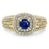 1.10 Carat (ctw) 14K Yellow Gold Round Cut Blue Sapphire & White Diamond Ladies Split Shank Vintage Style Bridal Halo Engagement Ring 1 CT