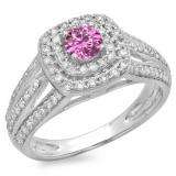 1.10 Carat (ctw) 18K White Gold Round Cut Pink Sapphire & White Diamond Ladies Split Shank Vintage Style Bridal Halo Engagement Ring 1 CT