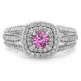 1.10 Carat (ctw) 18K White Gold Round Cut Pink Sapphire & White Diamond Ladies Split Shank Vintage Style Bridal Halo Engagement Ring 1 CT