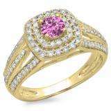 1.10 Carat (ctw) 18K Yellow Gold Round Cut Pink Sapphire & White Diamond Ladies Split Shank Vintage Style Bridal Halo Engagement Ring 1 CT