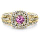 1.10 Carat (ctw) 18K Yellow Gold Round Cut Pink Sapphire & White Diamond Ladies Split Shank Vintage Style Bridal Halo Engagement Ring 1 CT