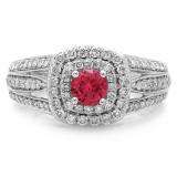 1.10 Carat (ctw) 10K White Gold Round Cut Red Ruby & White Diamond Ladies Split Shank Vintage Style Bridal Halo Engagement Ring 1 CT