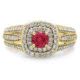 1.10 Carat (ctw) 10K Yellow Gold Round Cut Red Ruby & White Diamond Ladies Split Shank Vintage Style Bridal Halo Engagement Ring 1 CT