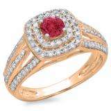 1.10 Carat (ctw) 14K Rose Gold Round Cut Red Ruby & White Diamond Ladies Split Shank Vintage Style Bridal Halo Engagement Ring 1 CT