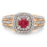 1.10 Carat (ctw) 14K Rose Gold Round Cut Red Ruby & White Diamond Ladies Split Shank Vintage Style Bridal Halo Engagement Ring 1 CT