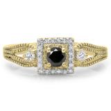 0.40 Carat (ctw) 10K Yellow Gold Round Cut Black & White Diamond Ladies Bridal Vintage Halo Style Engagement Ring