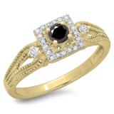 0.40 Carat (ctw) 14K Yellow Gold Round Cut Black & White Diamond Ladies Bridal Vintage Halo Style Engagement Ring