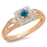 0.40 Carat (ctw) 14K Rose Gold Round Cut Blue & White Diamond Ladies Bridal Vintage Halo Style Engagement Ring