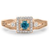 0.40 Carat (ctw) 14K Rose Gold Round Cut Blue & White Diamond Ladies Bridal Vintage Halo Style Engagement Ring