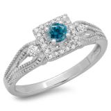 0.40 Carat (ctw) 14K White Gold Round Cut Blue & White Diamond Ladies Bridal Vintage Halo Style Engagement Ring